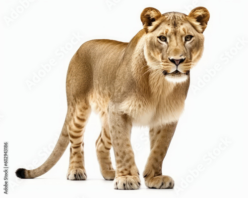 photo of liger (hybrid of lion and tiger) isolated on white background. Generative AI
