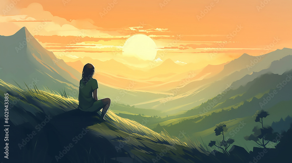 Girl on mountain peak, looking at beautiful mountain valley at sunset in summer, generative ai tools Girl on mountain peak, looking at beautiful mountain valley at sunset in summer, generative ai tools