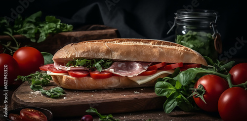 Delicious italian sandwich with mortadella, soft cheese and tomatoes, generative ai tools 
