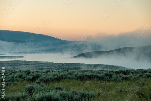 Thick Fog Hangs Over Yellowstone River At Sunrise