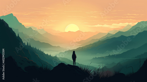 Girl on mountain peak  looking at beautiful mountain valley at sunset in summer  generative ai tools 