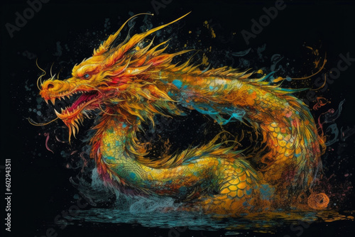 Golden dragon  colorful ink  digital art. Generative AI