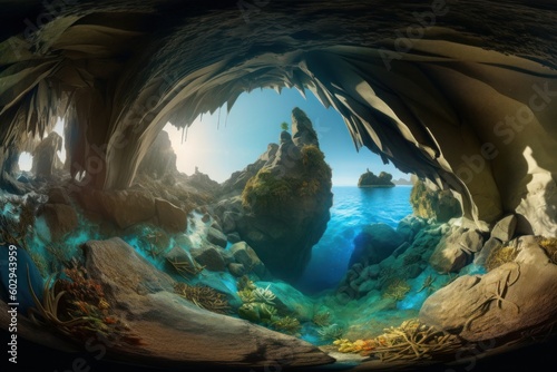 A 360 degree view of the ocean inside a cave, in the style of photorealistic landscapes. Generated AI.