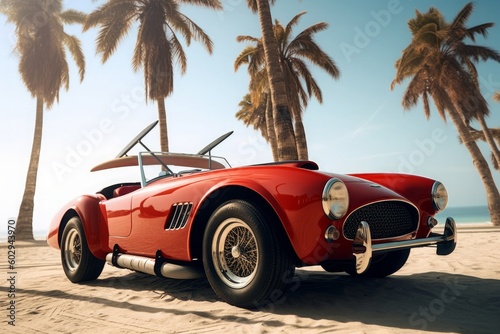 Red vintage car on a beach by a palm tree, in the style of technological marvels. Generated AI. © YULIIA