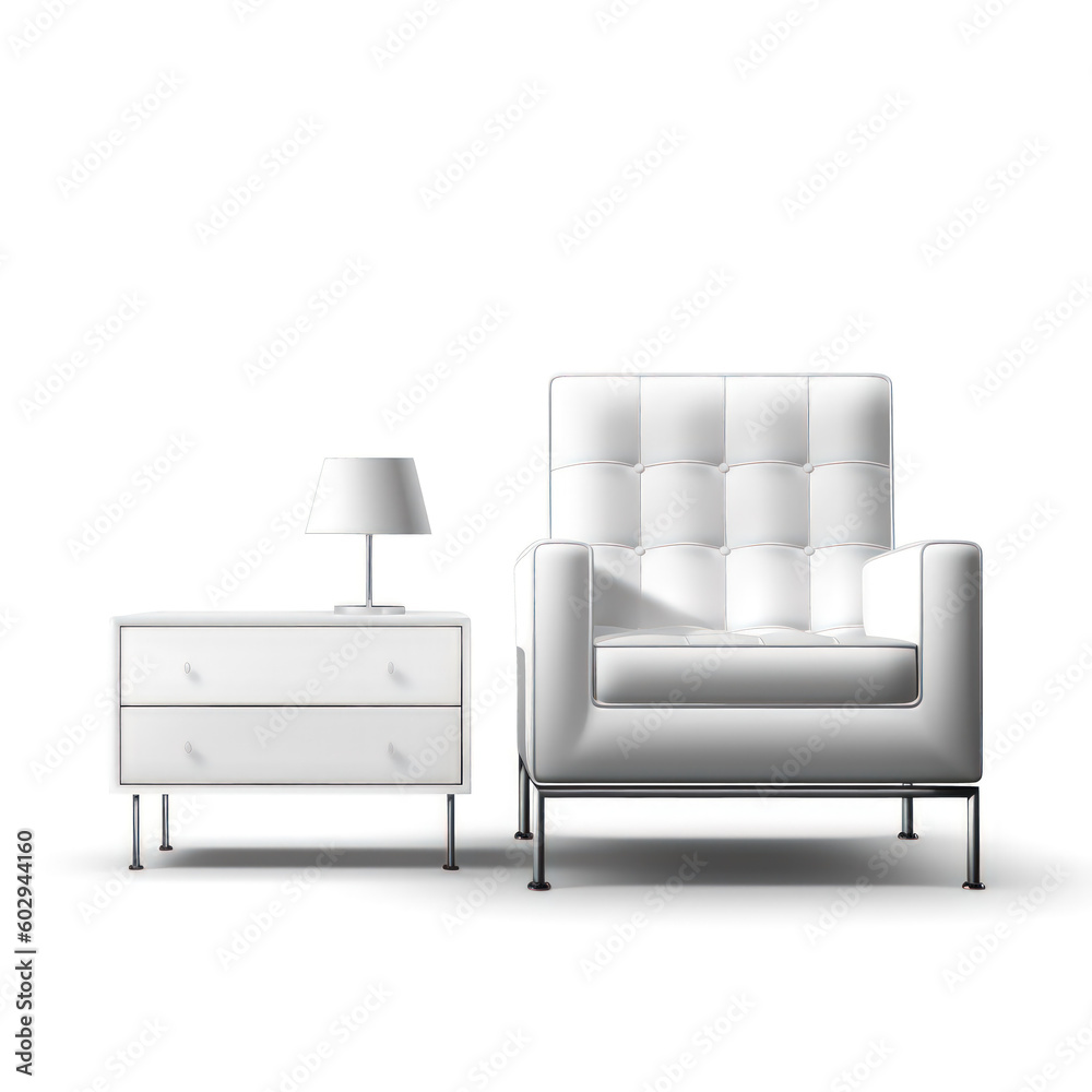 White armchair with lamp and chest of drawers White armchair with lamp and chest of drawers