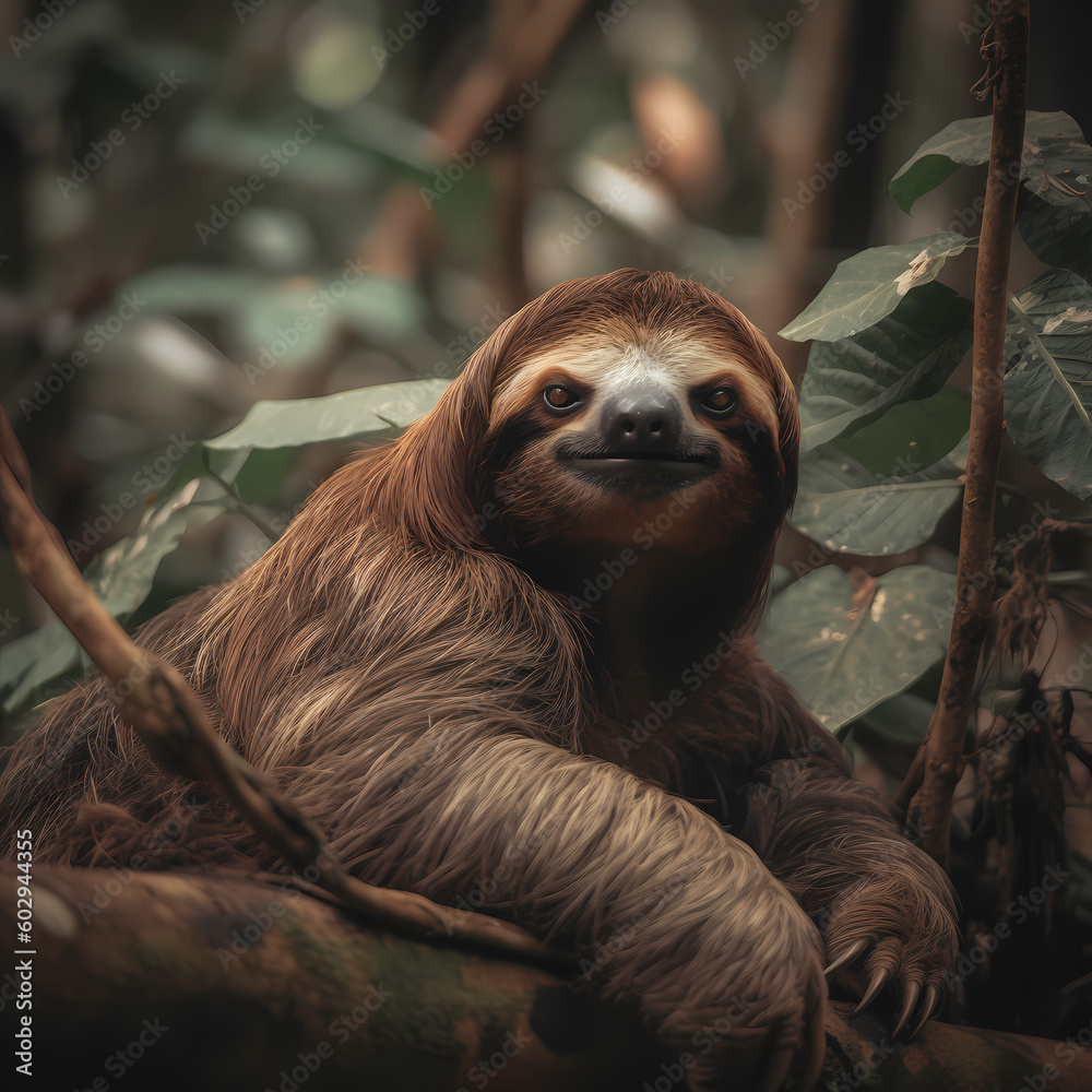 Fototapeta premium Adorable charm of a sloth in its natural habitat. Generative AI