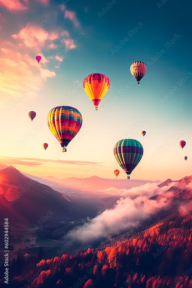 A group of hot air balloons flying over a mountains. Generative AI