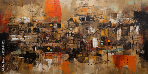 Industrial Opus  A Captivating Fusion of Collages and Paint in Large Canvas Paintings with Orange and Sepia Hues AI generated