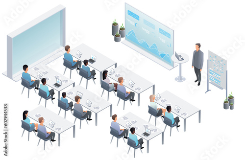 Business presentation, speech. Teamwork with business presentation conference coworking workplace brainstorming and discussion isolated. Indicators and coaching. Vector isometric, 3d