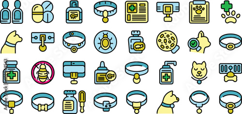 Flea collar icons set outline vector. Cat travel. Home animal thin line color flat on white