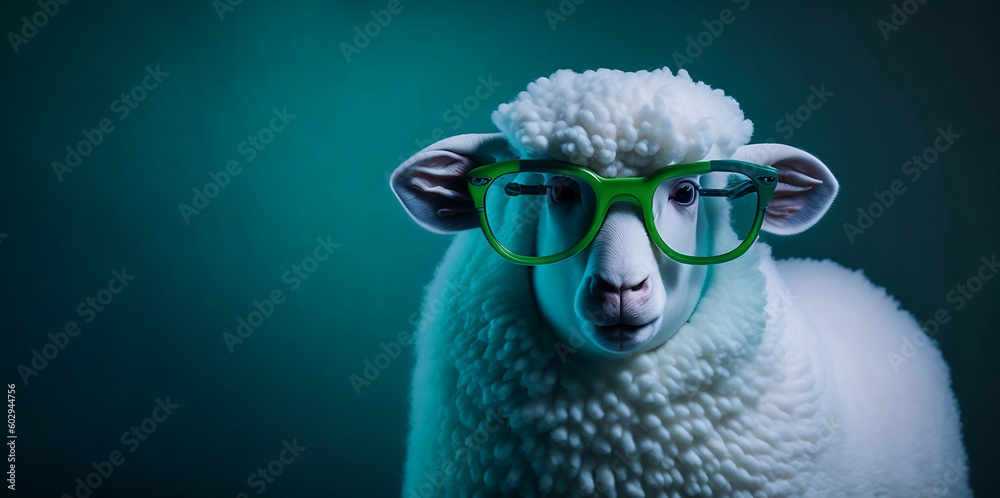 portrait of a lamb wearing glasses copy. eid-ul-adha concept.  lamb wearing glasses banner for eid-ul-adha. lamb portrait wearing glasses on a green background. Generative Ai