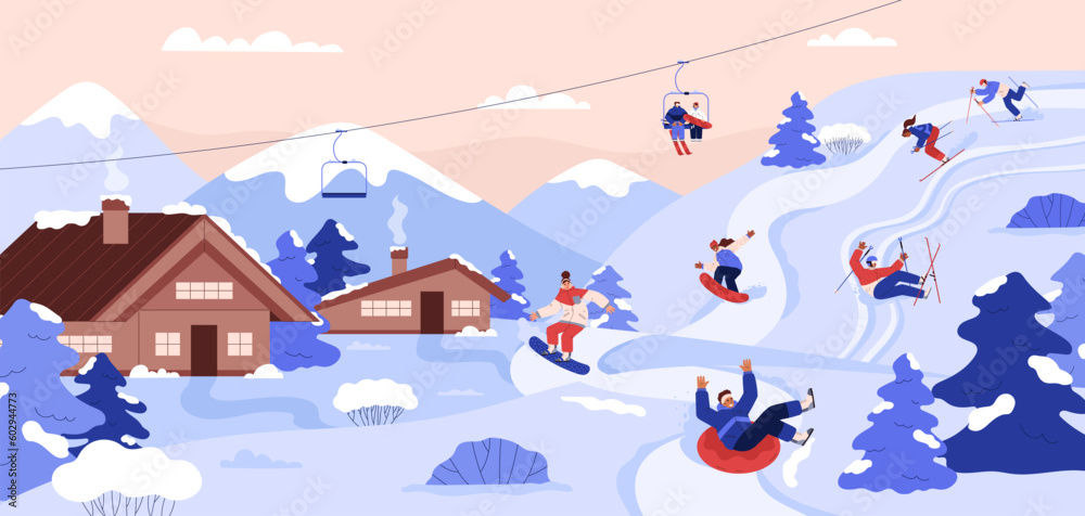Happy people relaxing at ski resort flat style, vector illustration