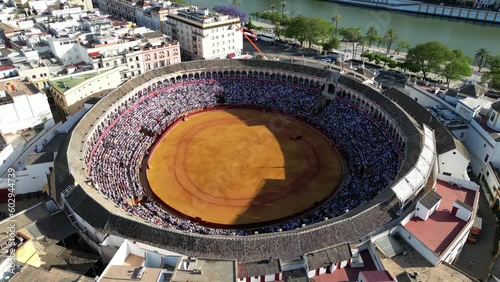Drone view of Maestranza bullring during bullfighting, Seville, Andalusia, Spain