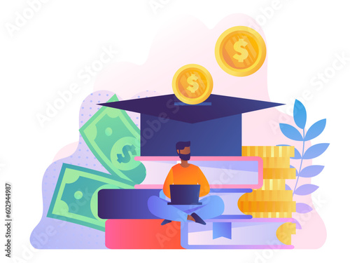 Education loan concept. Man with laptop sits against background of gold coins and banknotes and graduation cap. Learning and training in university or college. Cartoon flat vector illustration