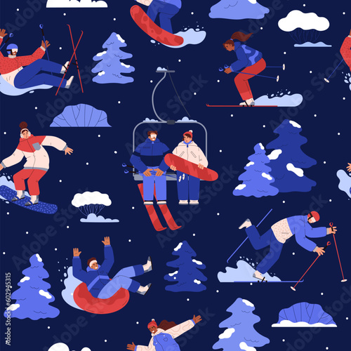 Seamless pattern with skiing and snowboarding people flat style