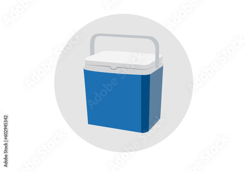 Icono de nevera de camping o portátil en azul y blanco sobre círculo gris.