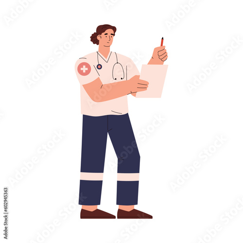 Doctor or nurse in uniform with stethoscope and notes sheet, flat vector illustration isolated on white background.