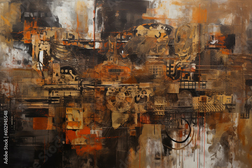 Industrial Opus: A Captivating Fusion of Collages and Paint in Large Canvas Paintings with Orange and Sepia Hues AI generated