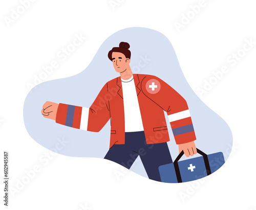 Emergency service paramedic with first aid bag, flat vector illustration isolated on white background.