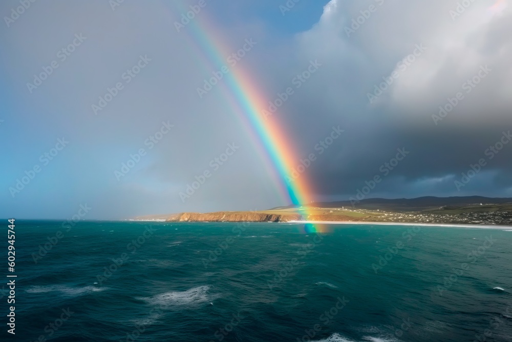 Colorful rainbow over sea and rock, thunderstorm with rain on background. Scenic landscapereinbow reflection High quality photo Generative AI