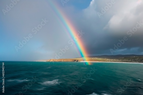 Colorful rainbow over sea and rock  thunderstorm with rain on background. Scenic landscapereinbow reflection High quality photo Generative AI