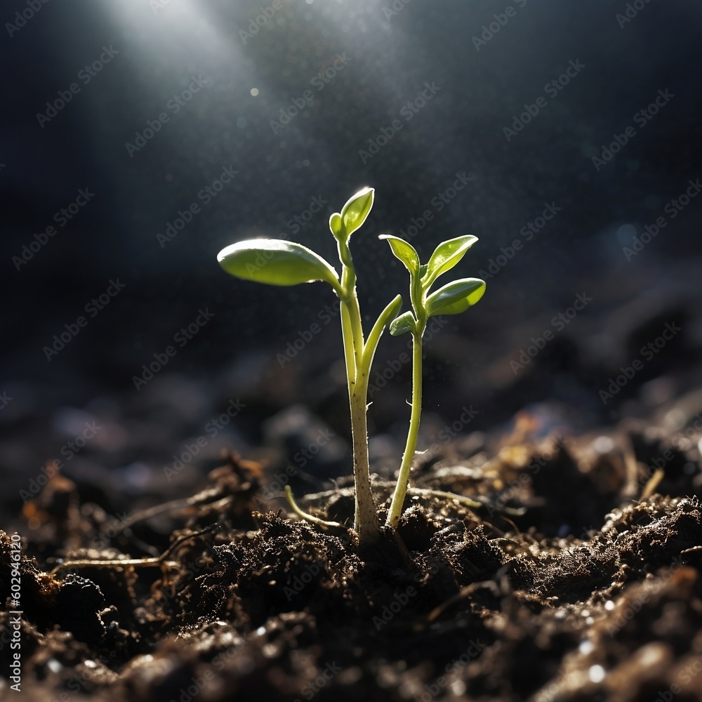 close-up shot of a delicate, newly sprouted seedling emerging from nutrient-rich soil - obrazy, fototapety, plakaty 