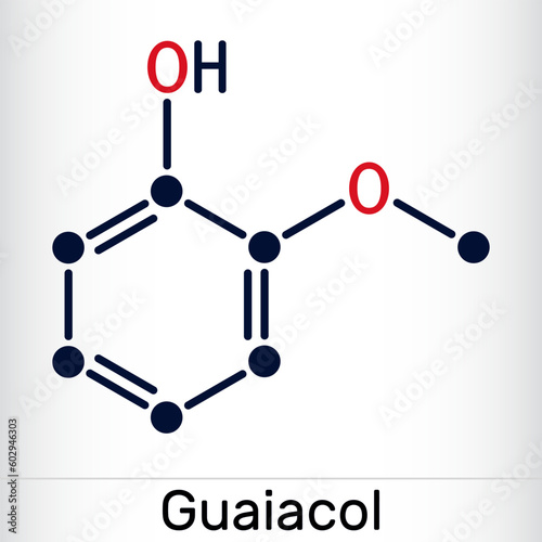 Guaiacol molecule. It is expectorant, disinfectant, plant metabolite. Present in wood smoke. Skeletal chemical formula.