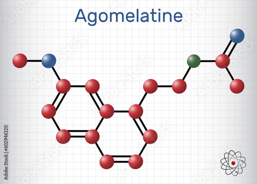 Agomelatine molecule. It is atypical antidepressant,  used to treat major depressive disorder. Structural chemical formula, molecule model. Sheet of paper in a cage