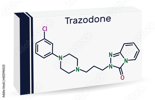 Trazodone molecule. It is antidepressant, used to treat major depressive disorder. Skeletal chemical formula. Paper packaging for drugs.