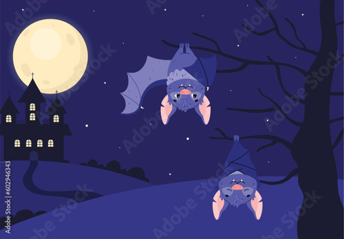 Cute bats sleeping and hanging upside down against the background of the moon and the castle