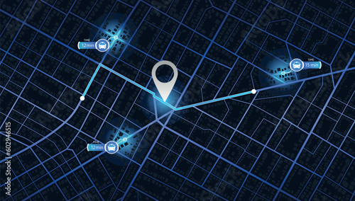 Pick up taxi. Gps map navigation to own house. Detailed view of city. Passenger location sharing for driver. City top view. Online navigation. Flat style, Vector, illustration isolated.