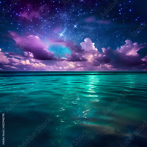 a beautiful and deeply colored ocean with the wind blowing over the surface of the water just after dusk with low lightning and a couple stars in the sky  AI generated 