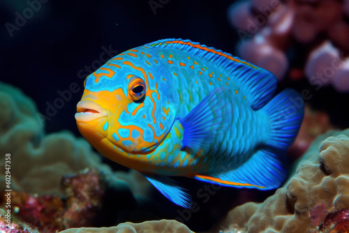 Beautiful fish swimming in the deep ocean. Beautiful iridescent scales of fish living in the depths of the ocean close up. Underwater life. aquarium