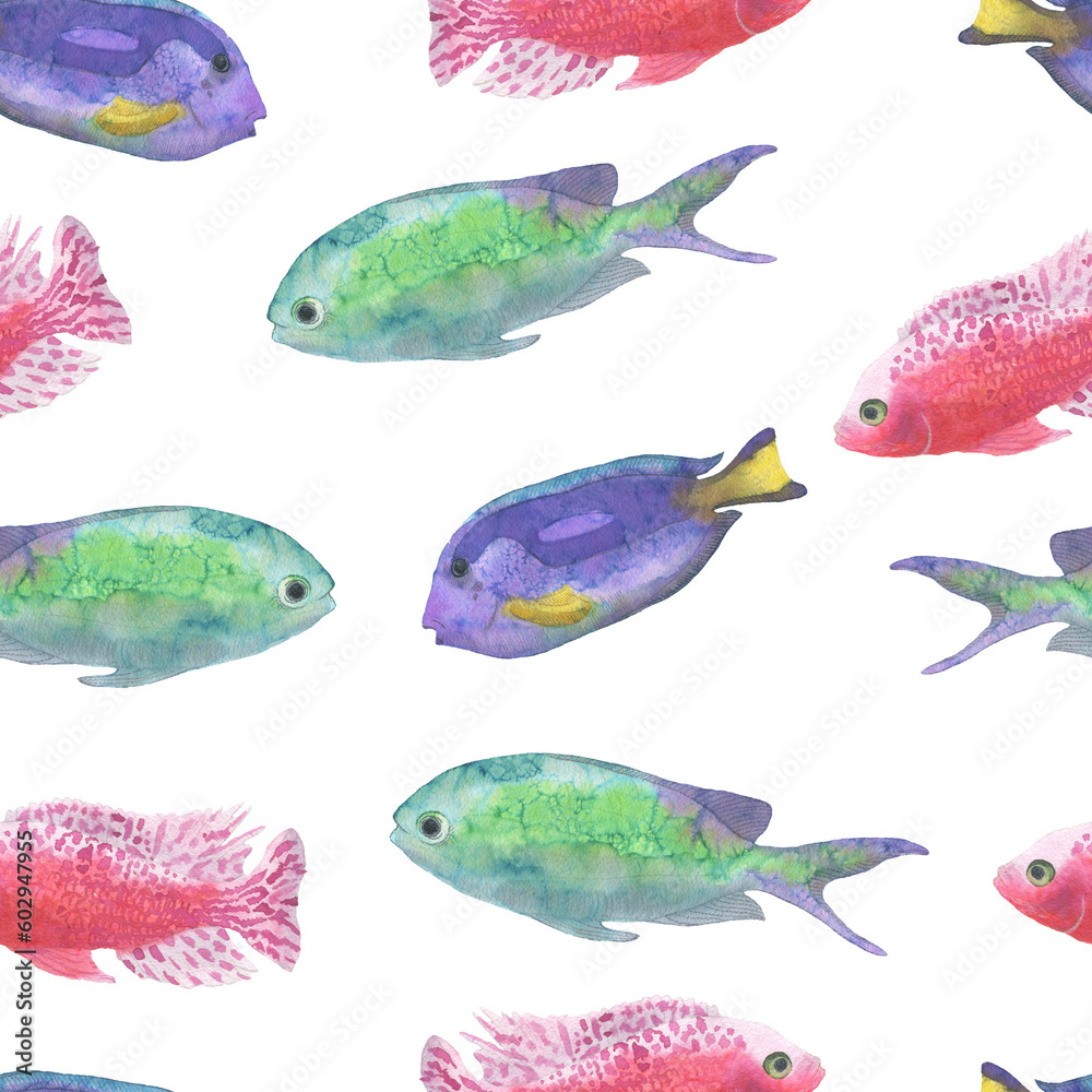 Tropical life nature watercolour seamless pattern clipart floral wall art fish Tropical life nature watercolour seamless pattern clipart floral wall art fish