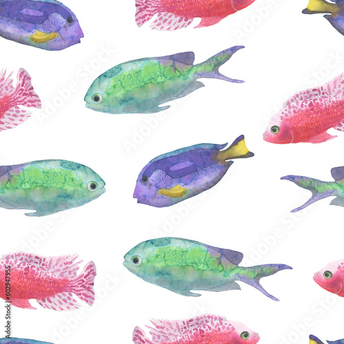 Tropical life nature watercolour seamless pattern clipart floral wall art fish