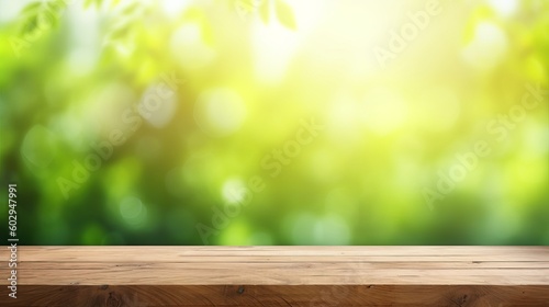 Beautiful spring background with green juicy young foliage and empty wooden table in nature outdoor. Natural template with Beauty bokeh and sunlight  leaves on wooden table  Generative AI