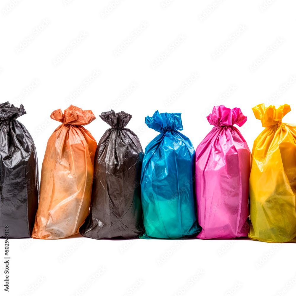Multi-colored plastic garbage bags. Isolated on white. Generative ai edited