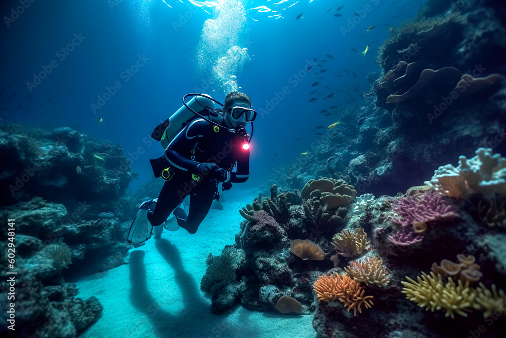 Scuba Diver Explores Coral Reef in Tropical Sea. Generative ai edited Scuba Diver Explores Coral Reef in Tropical Sea. Generative ai edited