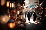 old arabic bazaar shopping in outdoor market, People walking in the background. generative ai