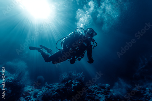 Scuba Diver near the sea bottom of the deep blue ocean. Generative ai edited