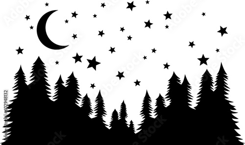 Starry night. Forest, night moon and stars silhouette PNG background.