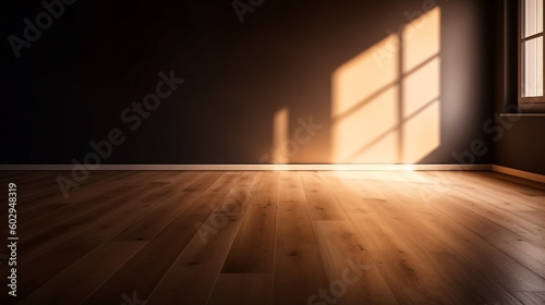 Empty wall and wooden floor with interesting lights. Interior background for presentation