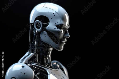 Stylish handsome cyborg head in profile on black background. Futuristic man. AI (Artificial Intelligence) concept. High quality photo Generative AI