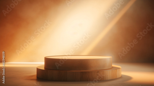 Round wooden podium with beautiful backlighting and haze in delicate pastel golden brown tones
