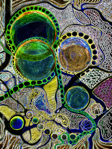 Neurographic doodle of spheres with gemstone colors. The dabbing technique near the edges gives a soft focus effect due to the altered surface roughness of the paper.