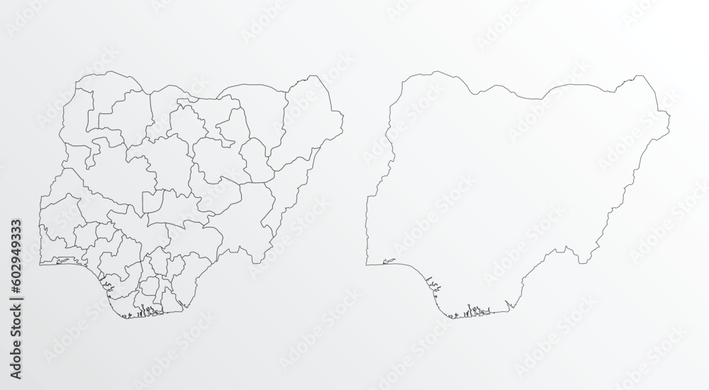 Black Outline vector Map of Nigeria with regions on white background