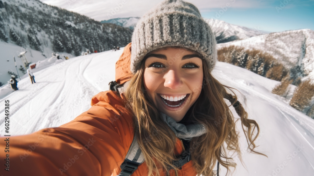 Generative AI - Capturing Winter Adventures: Skier Takes a Selfie on a Snowy Slope Generative AI - Capturing Winter Adventures: Skier Takes a Selfie on a Snowy Slope