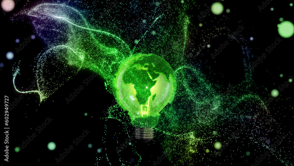 Earth globe light bulb. Scattering luminous particles. Green energy, renewable resources, planetary ecology protection, sustainable development. Earth globe light bulb. Scattering luminous particles. Green energy, renewable resources, planetary ecology protection, sustainable development.