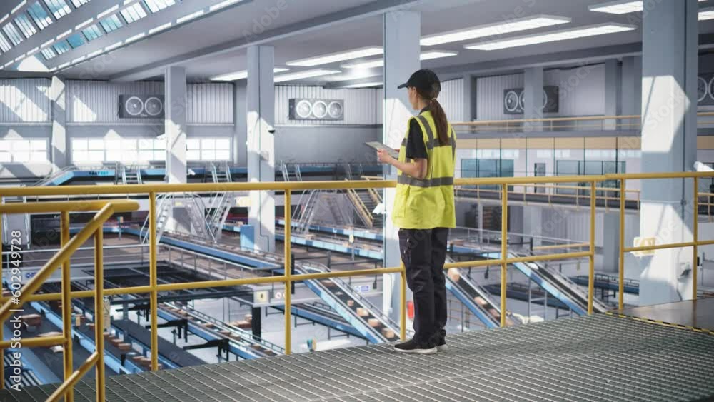Modern Machine Operator Wearing Cargo Pants, a Cap and a Safety Vest is Using a Tablet Computer to Manage an Automated Conveyor Belt at a Parcel Delivery Terminal. Female Logistics Manager at Work Modern Machine Operator Wearing Cargo Pants, a Cap and a Safety Vest is Using a Tablet Computer to Manage an Automated Conveyor Belt at a Parcel Delivery Terminal. Female Logistics Manager at Work