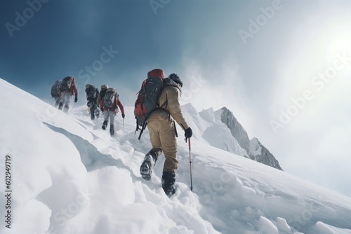 A group of adventurous individuals hiking on a snowy mountain, traversing the breathtaking landscapes and conquering the challenges of nature. Generative AI